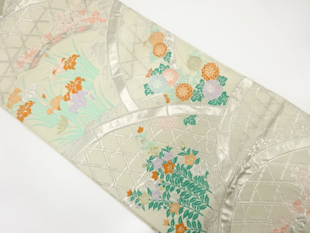 アンティーク　光悦垣に菖蒲・菊・桔梗模様織り出し袋帯(着用可)